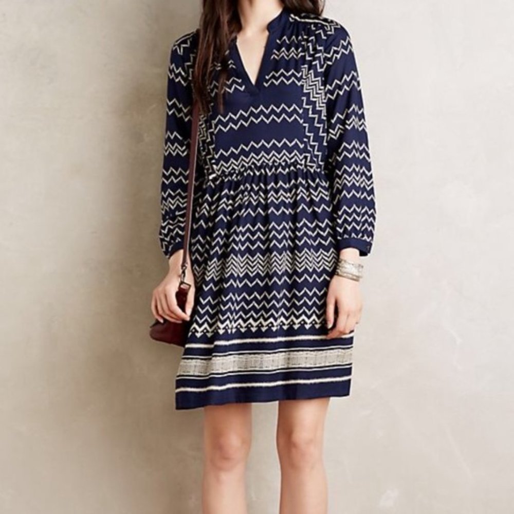 Holding Horses/Anthropologie Farica Zig Zag Dress Blue and Tan Size SP